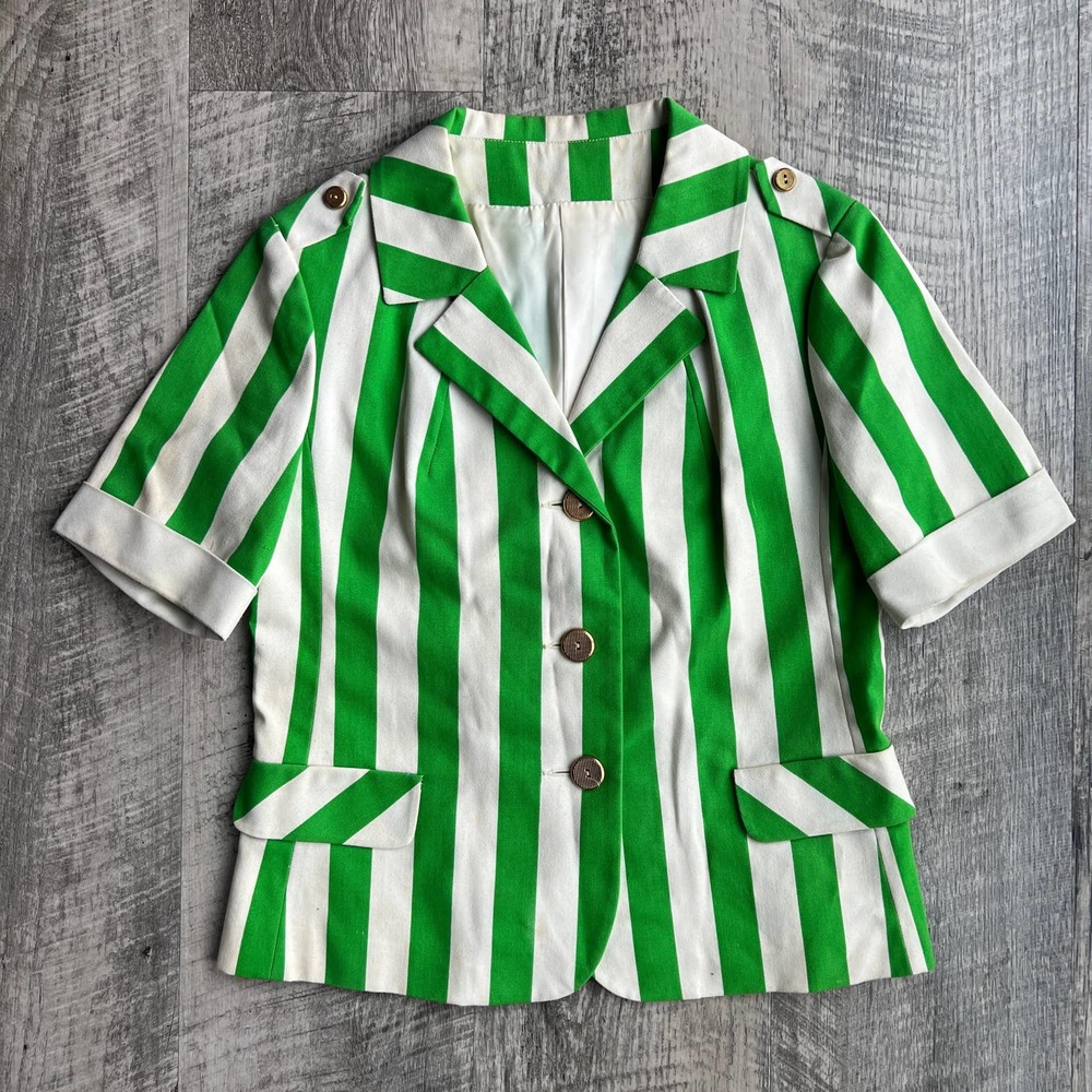 Vintage 1960's Arthur Jay Green and White Striped 3 Piece Jacket Skirt Short Set - Picture 2 of 13